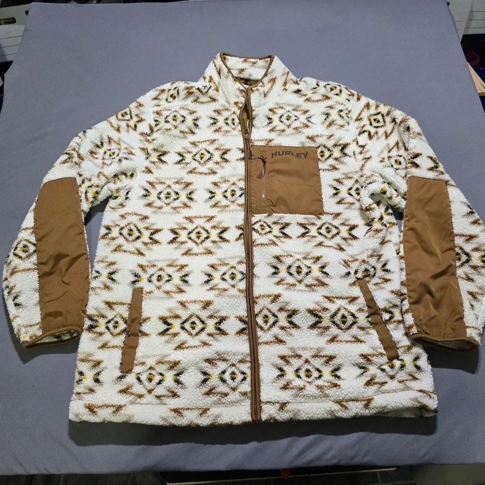 Hurley Sherpa Fleece Jacket Mens XL White Brown Southwestern Full Zip HFA22SMJ
